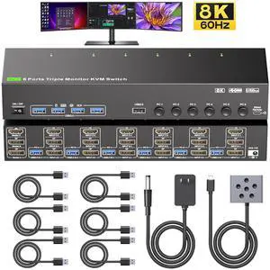 AUTYUE HDMI + Displayport KVM Switch 3 Monitors 6 Computers, 4K@120Hz/8K@30Hz Triple Monitor KVM Switches for 6 PCs Share 3 Monitors and 4 USB 3.0 Devices, Wired Remote,Power Adapter & 6 USB3.0 Cables AUTYUE HDMI + Displayport KVM Switch 3 Monitors 6 Computers, 4K@120Hz/8K@30Hz Triple Monitor KVM Switches for 6 PCs Share 3 Monitors and 4 USB 3.0 Devices, Wired Remote,Power Adapter & 6 USB3.0 Cables