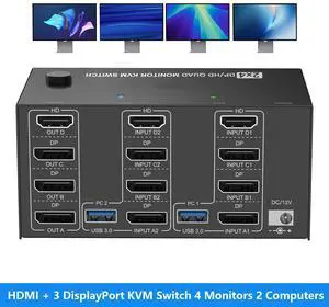 AUTYUE HDMI + 3 DisplayPort KVM Switch 4 Monitors 2 Computers, 4K@120Hz/8K@30Hz Quad Monitors KVM Switches for 2 PCs Share 4 Monitors, with 4 USB 3.0 Ports for Keyboard Mouse, with Wired Remote AUTYUE HDMI + 3 DisplayPort KVM Switch 4 Monitors 2 Computers, 4K@120Hz/8K@30Hz Quad Monitors KVM Switches for 2 PCs Share 4 Monitors, with 4 USB 3.0 Ports for Keyboard Mouse, with Wired Remote