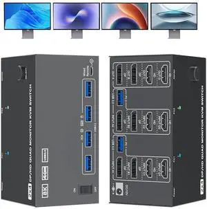 AUTYUE 2 HD-MI + 2 DP Quad Monitor KVM Switch 4 Monitors 2 Computers 2K144Hz/4K@120Hz,4 Monitors KVM Switch for 2 PCs Share 4 Monitors and Keyboard and Mouse, with Wired Remote and USB 3.0 Cables AUTYUE 2 HD-MI + 2 DP Quad Monitor KVM Switch 4 Monitors 2 Computers 2K144Hz/4K@120Hz,4 Monitors KVM Switch for 2 PCs Share 4 Monitors and Keyboard and Mouse, with Wired Remote and USB 3.0 Cables
