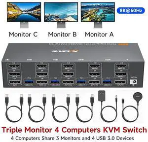 AUTYUE HD-MI + 2 Displayport KVM Switch 3 Monitors 4 Computers 8K@60Hz/4K@144Hz, Triple Monitor KVM Switch for 4 Computers Share 3 Screens and 4 USB 3.0 Ports,Wired Remote and 4 USB Cables Included AUTYUE HD-MI + 2 Displayport KVM Switch 3 Monitors 4 Computers 8K@60Hz/4K@144Hz, Triple Monitor KVM Switch for 4 Computers Share 3 Screens and 4 USB 3.0 Ports,Wired Remote and 4 USB Cables Included