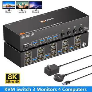 AUTYUE KVM Switch 3 Monitors 4 Computers, Triple Monitor 2 Displayport + 1 HD-MI | 4 Ports for 4 PC, 3 Screens Output, DP 1.4 Support 8K@30Hz/4K@144Hz, HD-MI2.1 Support 8K@60Hz/4K@120Hz, 5Gbps USB 3.0 AUTYUE KVM Switch 3 Monitors 4 Computers, Triple Monitor 2 Displayport + 1 HD-MI | 4 Ports for 4 PC, 3 Screens Output, DP 1.4 Support 8K@30Hz/4K@144Hz, HD-MI2.1 Support 8K@60Hz/4K@120Hz, 5Gbps USB 3.0
