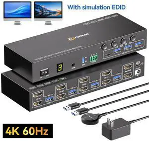 AUTYUE HDMI KVM Switch 2 Monitors 4 Computers 4K@60Hz EDID Simulation, 4 Port KVM Switch Dual Monitor with 4 USB 3.0 Ports for USB Peripherals, Audio, RS232, with Wired Remote, 12V Power & 4 USB Cable AUTYUE HDMI KVM Switch 2 Monitors 4 Computers 4K@60Hz EDID Simulation, 4 Port KVM Switch Dual Monitor with 4 USB 3.0 Ports for USB Peripherals, Audio, RS232, with Wired Remote, 12V Power & 4 USB Cable