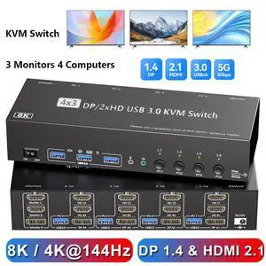 AUTYUE KVM Switch 3 Monitors 4 Computers with Audio, 2 HDMI + DisplayPort 8K@30Hz/4k@144Hz Triple Monitors KVM Switcher for 4 PC Share 3 Displays and 4 USB 3.0 Devices, Suitable for Office/Work Home AUTYUE KVM Switch 3 Monitors 4 Computers with Audio, 2 HDMI + DisplayPort 8K@30Hz/4k@144Hz Triple Monitors KVM Switcher for 4 PC Share 3 Displays and 4 USB 3.0 Devices, Suitable for Office/Work Home