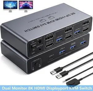 AUTYUE Dual Monitor 8K HDMI + Displayport KVM Switch, 2 Monitors 2 Desktop Computers 4K@144Hz HDMI + DP 2 IN 2 Out USB 3.0 KVM Switcher, 2 Switching Modes, 2 PCs Share 1 Set of Keyboard Mouse Printer AUTYUE Dual Monitor 8K HDMI + Displayport KVM Switch, 2 Monitors 2 Desktop Computers 4K@144Hz HDMI + DP 2 IN 2 Out USB 3.0 KVM Switcher, 2 Switching Modes, 2 PCs Share 1 Set of Keyboard Mouse Printer