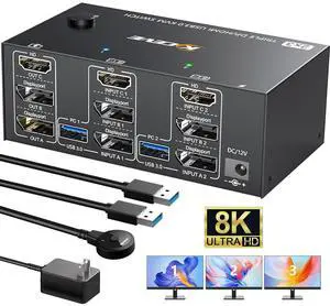 AUTYUE KVM Switch 3 Monitors 2 Computers 8K@60Hz 4K@144Hz, Triple Monitor HD-MI + 2 DP KVM Switch for 2 Computers Share 3 Displays and 4 USB 3.0 Device,with Wired Remote,USB Cable & 12V Power Adapter AUTYUE KVM Switch 3 Monitors 2 Computers 8K@60Hz 4K@144Hz, Triple Monitor HD-MI + 2 DP KVM Switch for 2 Computers Share 3 Displays and 4 USB 3.0 Device,with Wired Remote,USB Cable & 12V Power Adapter