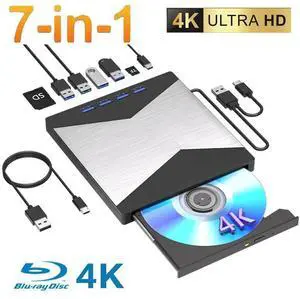 AUTYUE 4K External Blu Ray Drive, USB 3.0 Type C Portable 3D Blu Ray Drive, 7 in 1 BluRay Drive with 2 SD/TF Ports & 4 USB A Ports , CD/DVD Burner R/W 3D Blu Ray Drive for Windows 7-11 Mac OS Laptop AUTYUE 4K External Blu Ray Drive, USB 3.0 Type C Portable 3D Blu Ray Drive, 7 in 1 BluRay Drive with 2 SD/TF Ports & 4 USB A Ports , CD/DVD Burner R/W 3D Blu Ray Drive for Windows 7-11 Mac OS Laptop