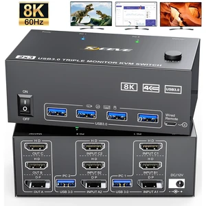 AUTYUE 8K@60Hz 4K@144Hz KVM Switch 2 Computers 3 Monitors, DP + 2 HDMI Triple Monitors KVM Switch with 4 USB 3.0 Ports, Power Supply, Wired Remote Control and HDMI, DP and USB Cables Included AUTYUE 8K@60Hz 4K@144Hz KVM Switch 2 Computers 3 Monitors, DP + 2 HDMI Triple Monitors KVM Switch with 4 USB 3.0 Ports, Power Supply, Wired Remote Control and HDMI, DP and USB Cables Included