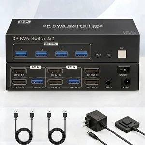 AUTYUE 8K@60Hz DisplayPort KVM Switch 2 Monitors 2 Computers,
4K@144Hz Dual Monitor DP KVM Switch with 4 USB 3.0 Ports, Support Extended/Mirror Mode, Desktop Controller, Power Adapter & 2 USB Cables AUTYUE 8K@60Hz DisplayPort KVM Switch 2 Monitors 2 Computers,
4K@144Hz Dual Monitor DP KVM Switch with 4 USB 3.0 Ports, Support Extended/Mirror Mode, Desktop Controller, Power Adapter & 2 USB Cables