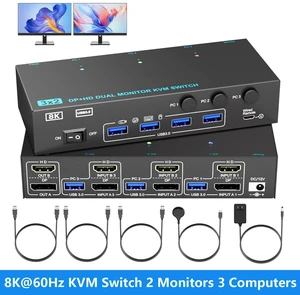 AUTYUE 8K@60Hz KVM Switch 2 Monitors 3 Computers Displayport and HDMI 4K@144Hz, Dual Monitor KVM Switch 3 PCs Share 3 Monitors with 4 USB 3.0 Ports for Keyboard,Mouse, with Wired Remote, Power Adapter AUTYUE 8K@60Hz KVM Switch 2 Monitors 3 Computers Displayport and HDMI 4K@144Hz, Dual Monitor KVM Switch 3 PCs Share 3 Monitors with 4 USB 3.0 Ports for Keyboard,Mouse, with Wired Remote, Power Adapter