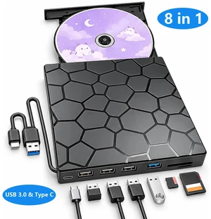 AUTYUE External CD/DVD Drive for Laptop, Portable DVD Player, USB 3.0 Type C Ultra-Slim CD Burner External Optical Disk Drive with 4 USB Ports and SD/TF Card Reader Compatible with Windows, Linux, Mac AUTYUE External CD/DVD Drive for Laptop, Portable DVD Player, USB 3.0 Type C Ultra-Slim CD Burner External Optical Disk Drive with 4 USB Ports and SD/TF Card Reader Compatible with Windows, Linux, Mac