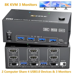 AUTYUE 2 HDMI + Displayport KVM Switch 3 Monitors 2 Computers, 8K@60Hz 4K@144Hz Triple Monitor KVM Switch for 2 Pcs Share 3 Displays and 4 USB 3.0 Devices, Wired Remote Control & 2 USB Cables Included AUTYUE 2 HDMI + Displayport KVM Switch 3 Monitors 2 Computers, 8K@60Hz 4K@144Hz Triple Monitor KVM Switch for 2 Pcs Share 3 Displays and 4 USB 3.0 Devices, Wired Remote Control & 2 USB Cables Included