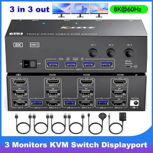 AUTYUE KVM Switch 3 Monitors 3 Computers 8K@60Hz 4K@144Hz, HDMI+2 Displayport KVM Switches Triple Monitor for 3 PCs Share 3 Monitors and 4 USB 3.0 Devices,Wired Remote and USB Cables Included AUTYUE KVM Switch 3 Monitors 3 Computers 8K@60Hz 4K@144Hz, HDMI+2 Displayport KVM Switches Triple Monitor for 3 PCs Share 3 Monitors and 4 USB 3.0 Devices,Wired Remote and USB Cables Included