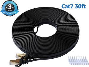 Cat 7 Ethernet Cable 30 ft LAN Cable Internet Network Cord for PS4, Xbox, Router, Modem, Gaming, Black Flat Shielded 10 Gigabit RJ45 High Speed Computer Patch Wire.