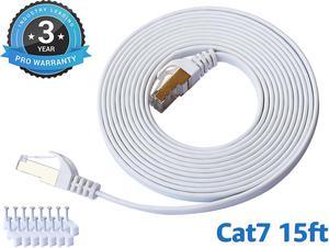 Cat 7 Ethernet Cable 15 ft LAN Cable Internet Network Cord for PS4, Xbox, Router, Modem, Gaming, White Flat Shielded 10 Gigabit RJ45 High Speed Computer Patch Wire.