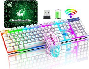 Wireless gaming keyboard and mouse combination, with rainbow LED backlight, rechargeable waterproof mechanical dustproof 7-color backlight, suitable for laptops, PC gamers