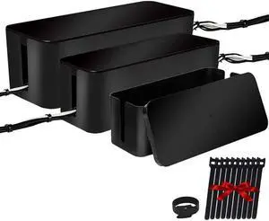 [Set of Three] Cable Management Boxes Organizer, Large Storage Wires Keeper Holder for Desk, TV, Computer, USB Hub, System to Cover and Hide & Power Strips & Cords (Black)