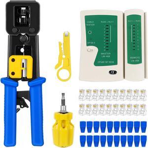 RJ45 Crimp Tool Kit Pass Thru Cat5 Cat5e Cat6 RJ45 Crimping Tool with 20PCS RJ45 Cat6 Pass Through Connectors, 20PCS Covers, 1 Network Cable Tester,1 Wire Punch Down Cutter and 1 Mini Screwdriver