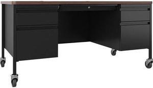Lorell Desk, Double-Pedestal, Mobile, 60"x30"x29-1/2", Walnut/BK (LLR66945)