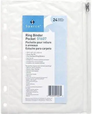 Sparco Ring Binder Pocket w/ Zipper Vinyl Hole Punched 10"x8" CL 01607