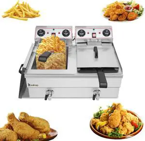 16.9QT / 16L Total Capacity 24.9QT/23.6L Stainless Steel Faucet Double Tank Deep Fryer 3400W MAX (8L 8L Big Blue/Large Handle)