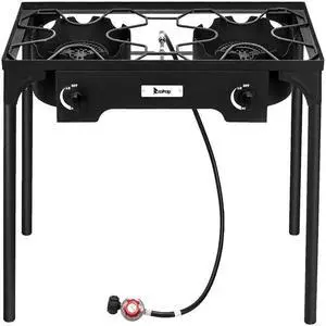 Outdoor Camp Stove High Pressure Propane Gas Cooker, Portable Cast Iron Patio Cooking Burner (Double Burner 150000-BTU)