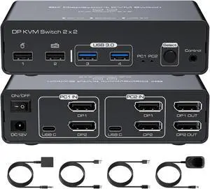 Beautframes DisplayPort KVM Switch 2 Monitors 2 Computers 8K@60HZ 4K@120HZ Aluminum KVM Switch Dual Monitor KVM Switcher 2 Monitors for 2 Computers Sharing 4 USB Devices with Desktop Controller