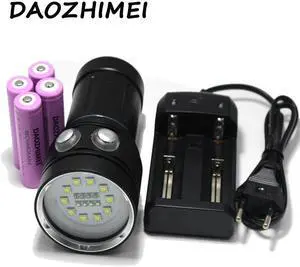 8000Lumen 10*XM-L2 LED White Light +4x Red Light+4x UV Light LED Torch Underwater Video Diving Flashlight+18650 Battery+Charger