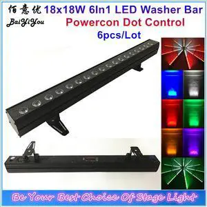 6pcs/Lot 18pcs 18w  6In1 LED Indoor Led Wall Washer Pixel Bar Light  Powercon DMX  In Out 18pcs RGBWA+UV Led Point Control Bar