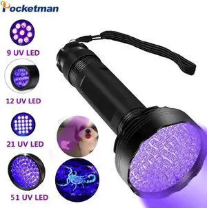 UV Flashlight Blacklight Scorpion hunting 9~100 s Ultraviolet Torch Pet urine Stains Banknote authenticity  Detector