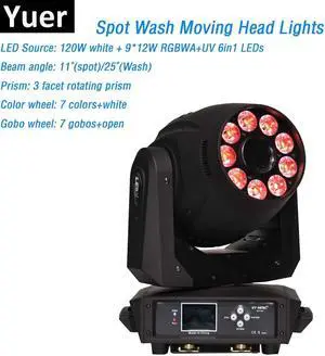 Spot Wash 2IN1 LED Moving Heads 1X120W White LED and 9X12W RGBWA-UV 6IN1 Color Mixing LED Spot Washer Moving Head Lights