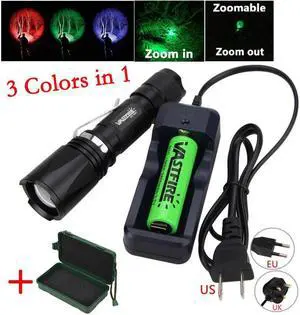 Hunting Flashlight 3X XPE LED Zoomable Night Vision Tracker Hunter Light Adjustable 3 Colors in 1 Green Red UV Torch