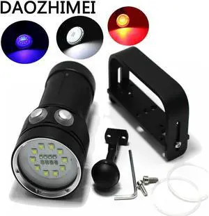 8000 Lumens 10*XM-L2 LED White Light +4x Red Light+4x UV Light Diving Photography Flashlight Torch 200m Underwater Video Light