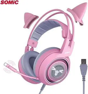 G951 Pink Girl Cat Headset Virtual 7.1 Noise Cancelling Gaming Headphone USB Vibration LED Headset Headphones for PC