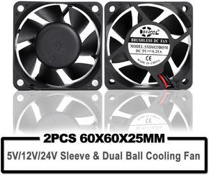 2PCS  60mm 6025 dc 5V 12V 24V Brushless 2PIN 3PIN 60x60x25mm 6025 6cm sleeve Dual Ball Computer PC CPU Case Cooling