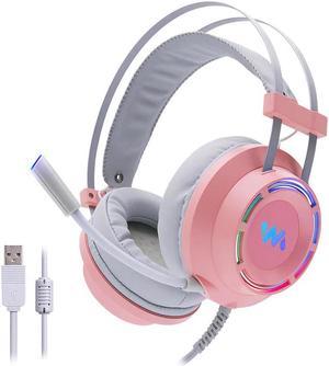 Headphones Headset Pink With Microphone USB Wired 7.1 Surround Sound Led Light for PC Gamer Computer Laptop Xbox