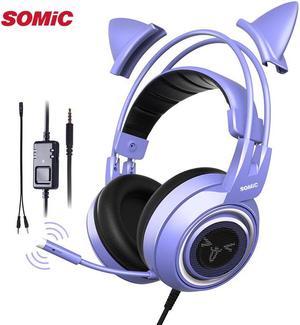 Gaming Headset with Mic G951S Purple Stereo for PS4 PC Phone Detachable Cat Ear Headphone 3.5MM Noise Reduction Women Gift