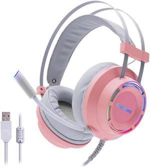 Gaming Headphones Pink Lovely Headset with Microphone USB Wired 7.1 Surround Sound Led Light for PC Gamer Laptop