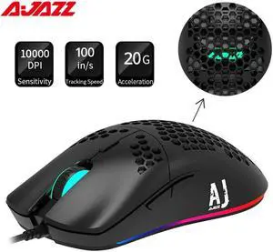AJ390R Gaming Mouse PAW3325 Optical Sensor 10000DPI Adjustable 7 Keys Honeycomb Hollow Design Wired Mouse 69g Ultralight