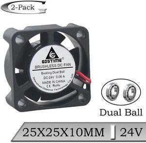 2Piece  DC 24V 25mm Ball Bearing 2Pin Mini Cooler Fan 25x25x10mm 2510 Brushless Cooling Fan