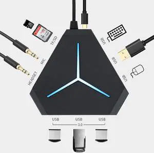 6 Port USB Hub Splitter With TF  Card Reader Mic AUX Light Charging USB 3.0 /2.0 Hub For Multi-Device Desktop Laptop