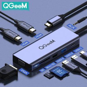 QM USB C Hub for Macbook Pro Air Dual HDMI VGA Micro  Card Readers Aux PD OTG Multi USB Hub 3.0 Type C Adapter for Notebook