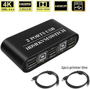 KVM Switch 2Port Box Share 2 Computers Support 3X USB3.0 Wireless Keyboard and Mouse Connections HUD 4K (3840X2160)