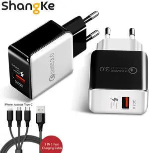 QC3.0 Travel USB Charger Micro USB Cable For    USB Travel Adapter for iPhone X 8 8Plus With 3-in-1 cable