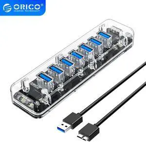 Transparent Series USB HUB 7 4 Port USB 3.0 Splitter with Dual Micro USB Power Interface Support OTG For Mac/Windows/Linux