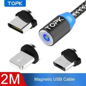 AM17 2M LED Magnetic USB Cable for iPhone Xs Max Micro USB Type C Cable  Braided Phone Cable Magnet Charging Wire