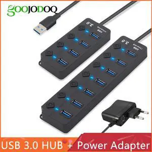 Hub 3.0 High Speed 4 / 7 Port  3.0 Hub Splitter On/Off Switch with EU/US Power Adapter for MacBook Laptop PC