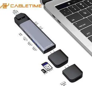 Dual Type C hub 4K HDMI Lan Thunderbolt 3  USB3.0+USB-C Charger PD 9 in 1 Adapter Hub for MacBook Pro/air  C043