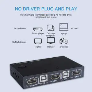 HDMI KVM Switch Box 2 Ports 4K Video Display  Switch KVM Splitter Box for 2 PC Sharing Keyboard Mouse Printer