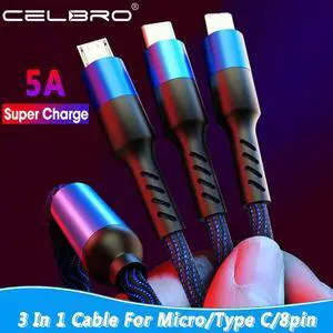 5A Super Charge 3 In 1 USB Type C Cable for  S20 Redmi Note 9s  P40 Nintendo Switch Multiple Usb Charger Cable