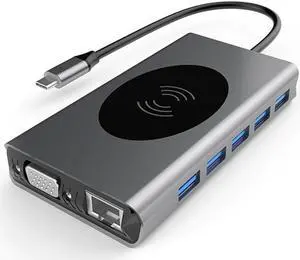 13 in 1 Aluminum Alloy USB Type C to USB3.0 VGA RJ45 HDMI PD Audio3.5 TF 10W Wireless Charger Hub Adapter USB Docking Station